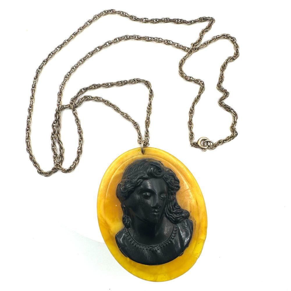 Antique Art Deco 1920s butterscotch celluloid cameo gold filled 25” necklace